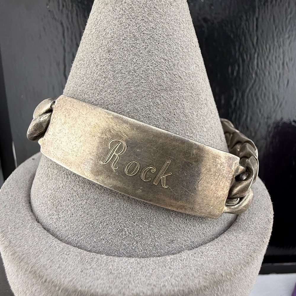 Vintage ID Bracelet Silver Tone Curb Link Engraved Rock Heavy Chunky 7.5”